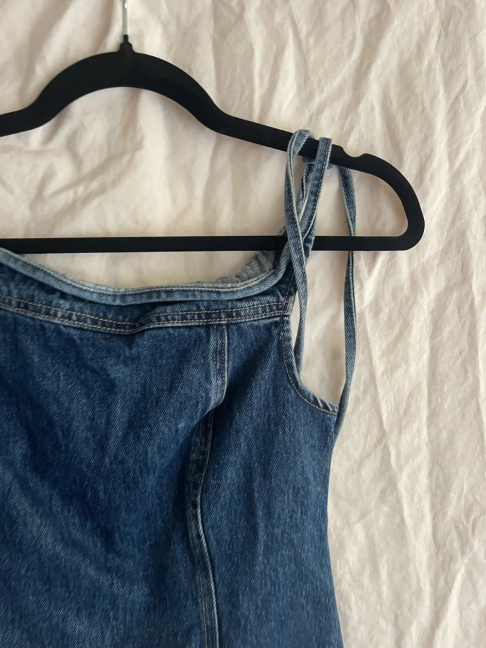 MESHKI Off-the-Shoulder Denim Top Asymmetrical Crop Side Tie Edge Y2K Size Small - Picture 12 of 13